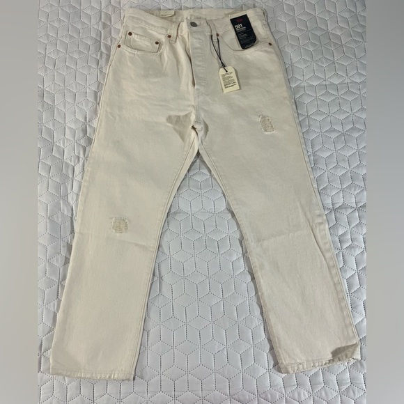 Levi's Denim - Levi's 501 Button Fly Cropped Straight Distressed Jeans Cream Women's Size 30